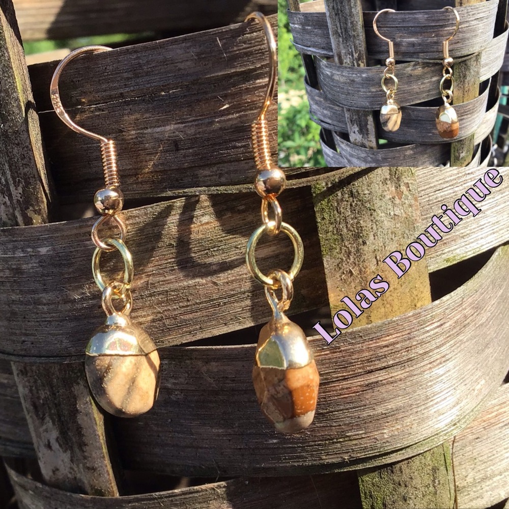 Natural brown swirl agate gold earrings hand made